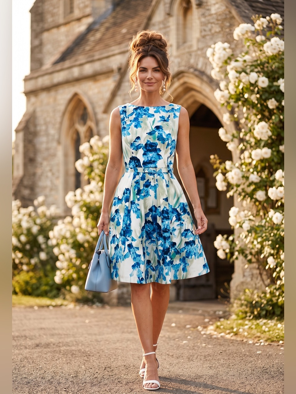 London Style White Dress with Blue Floral Print